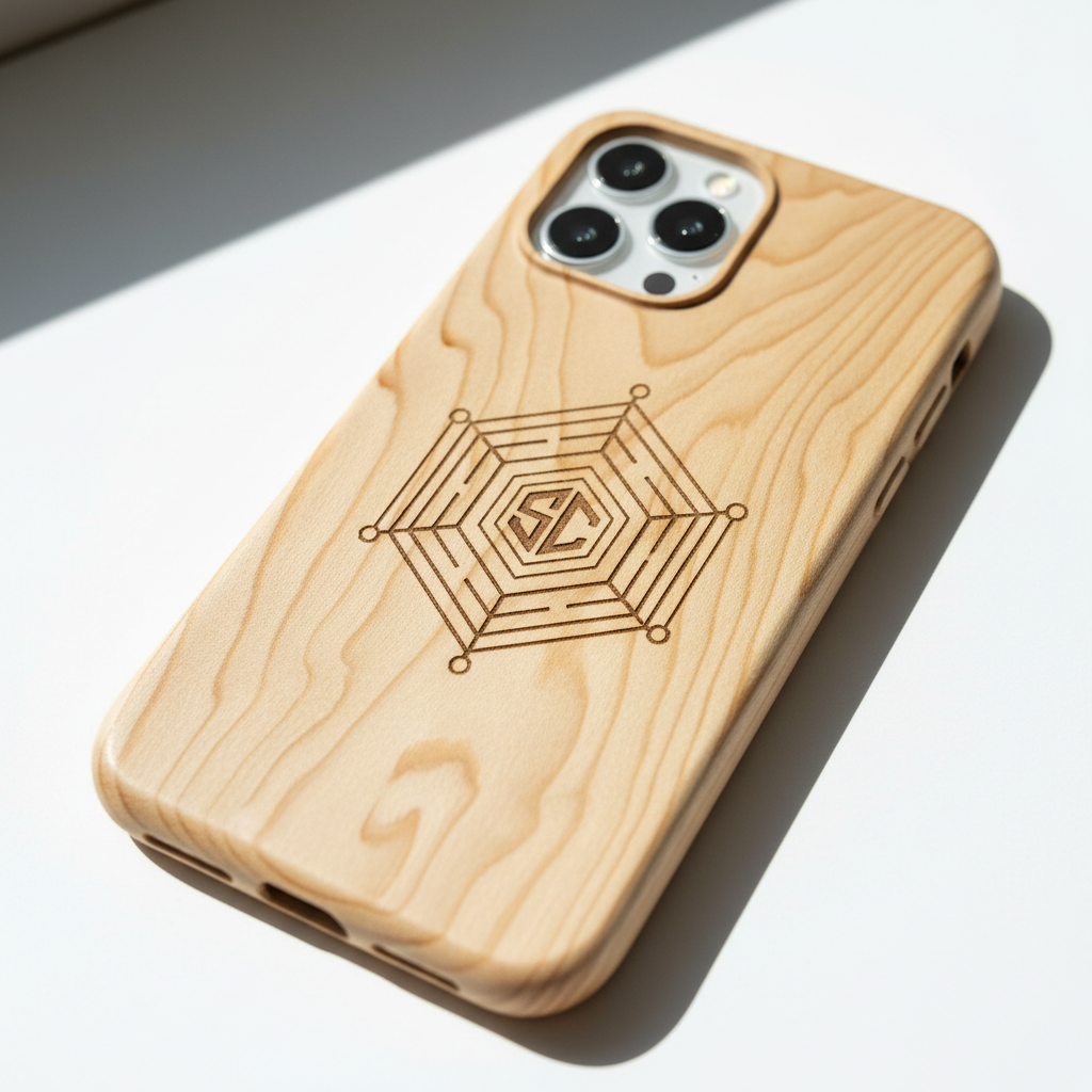 Houten iPhone 15 hoesje met gepersonaliseerde logo gravure voorbeeld