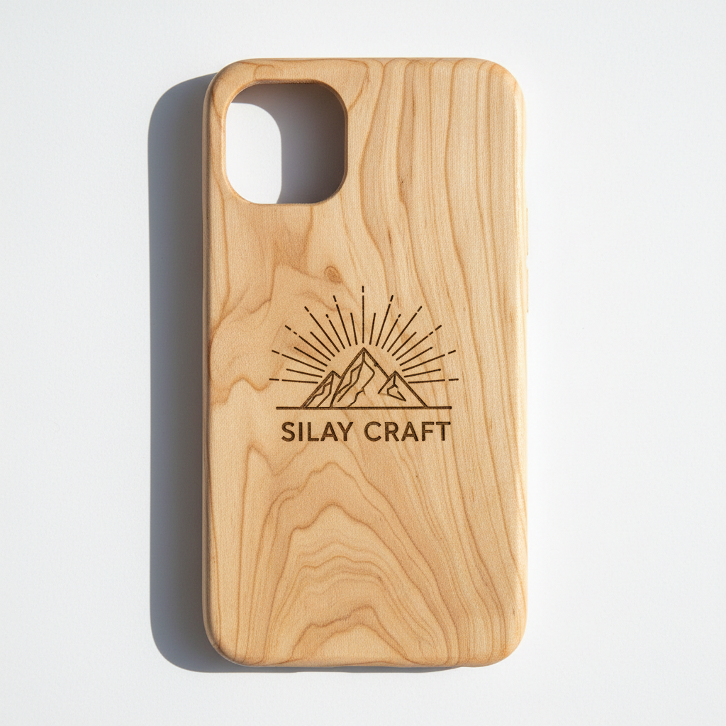 Houten iPhone 17 hoesje met Silay Craft logo gravure voorbeeld