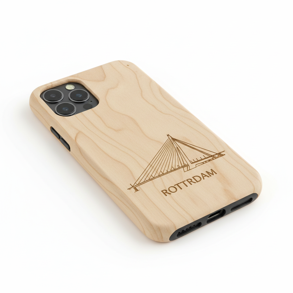 Houten iPhone 15 hoesje met Erasmusbrug Rotterdam gravure voorbeeld